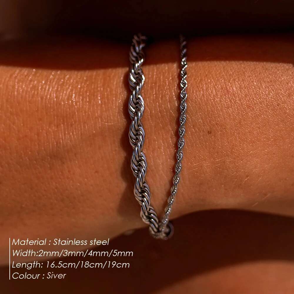 eManco 2/3/4/5MM Twisted Rope Chian Bracelet for Woman Man Hip Hop Punk Sier Color Stainless Steel Fashion Jewelry