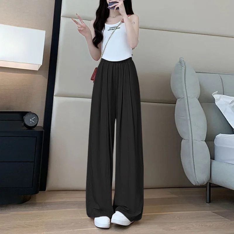 Back to School Summer Womens Fashion Thin Japanese Ice Silk Wide-Leg High-Waisted Straight Draped Anti-Wrinkle Casual Pants 250303