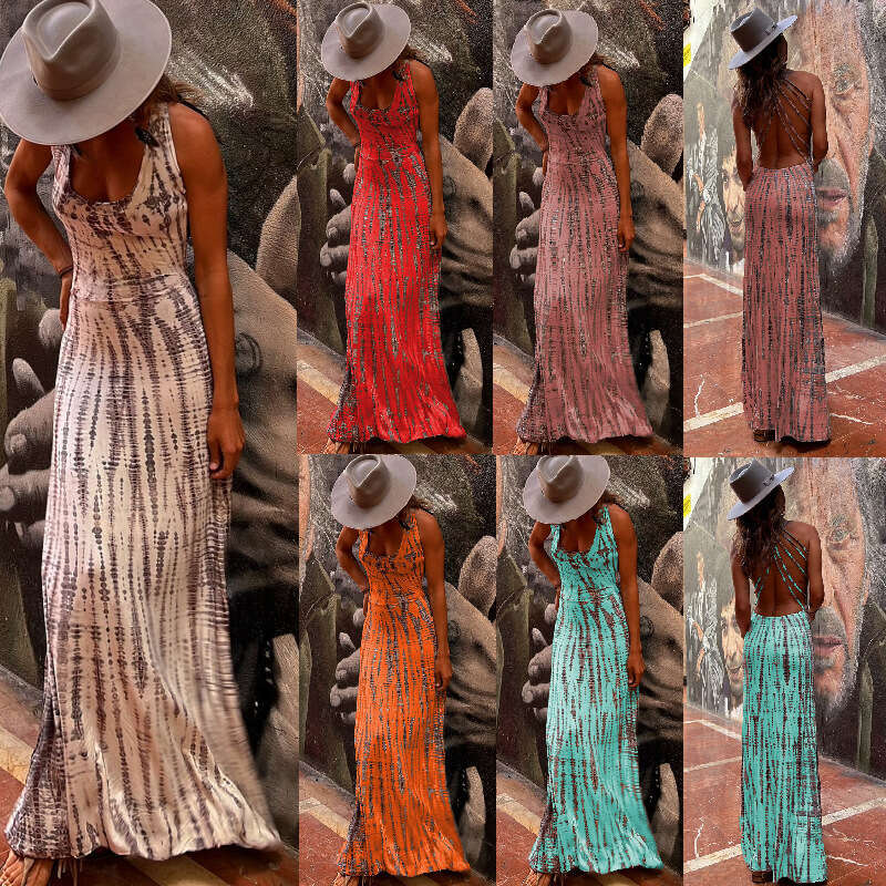 New European and American sexy multi print backless cross dress for women 2025 temperament versatile new trendy clothing ins