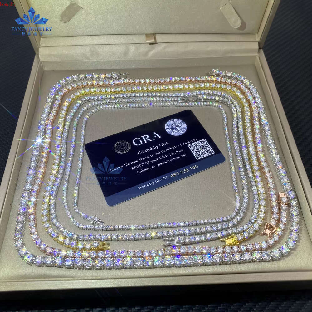GRA Certificate Real Solid Gold Plated 2MM 3MM 4MM 5MM 6.5MM Moissanite Sier Tennis Chain Necklace S for Men Women