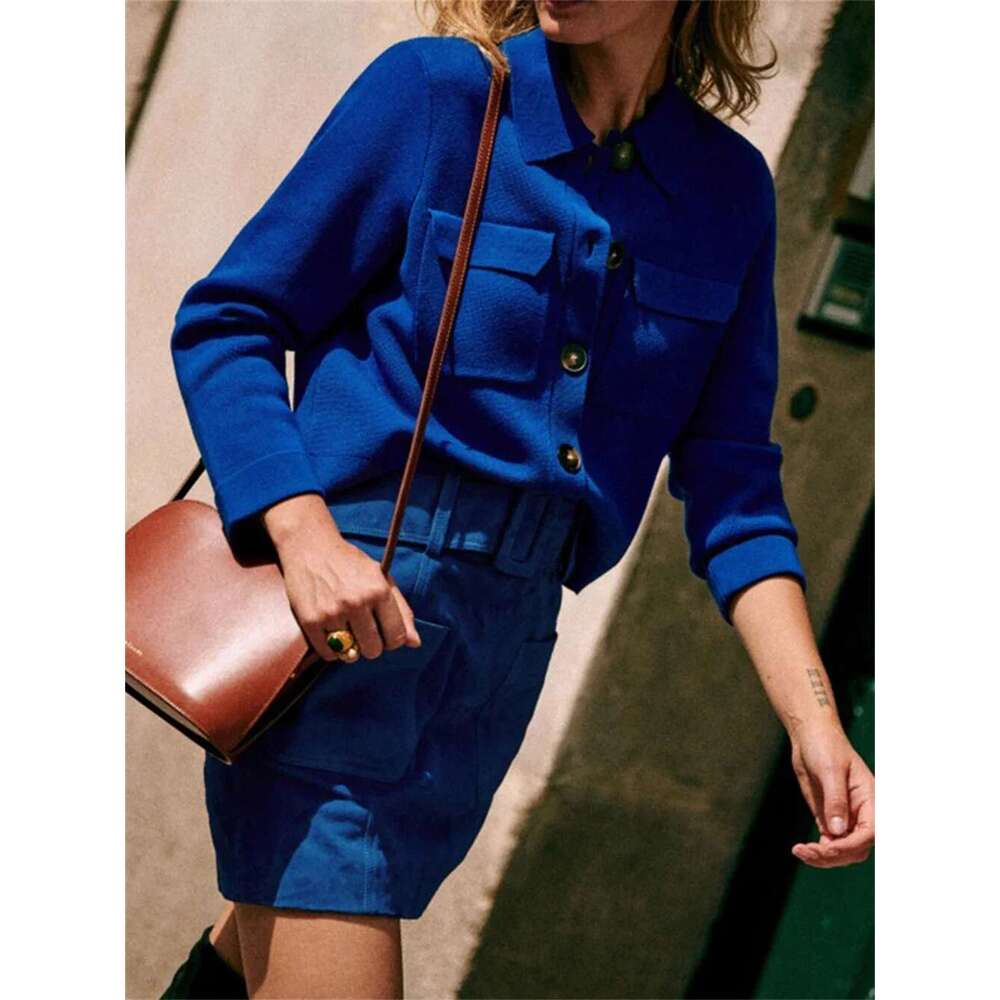 Women's Clothing Turn-Down Collar Knit Jacket Early Spring Lady Slim Single Breasted Temperament Multi-Pocket Sweater Coat Top