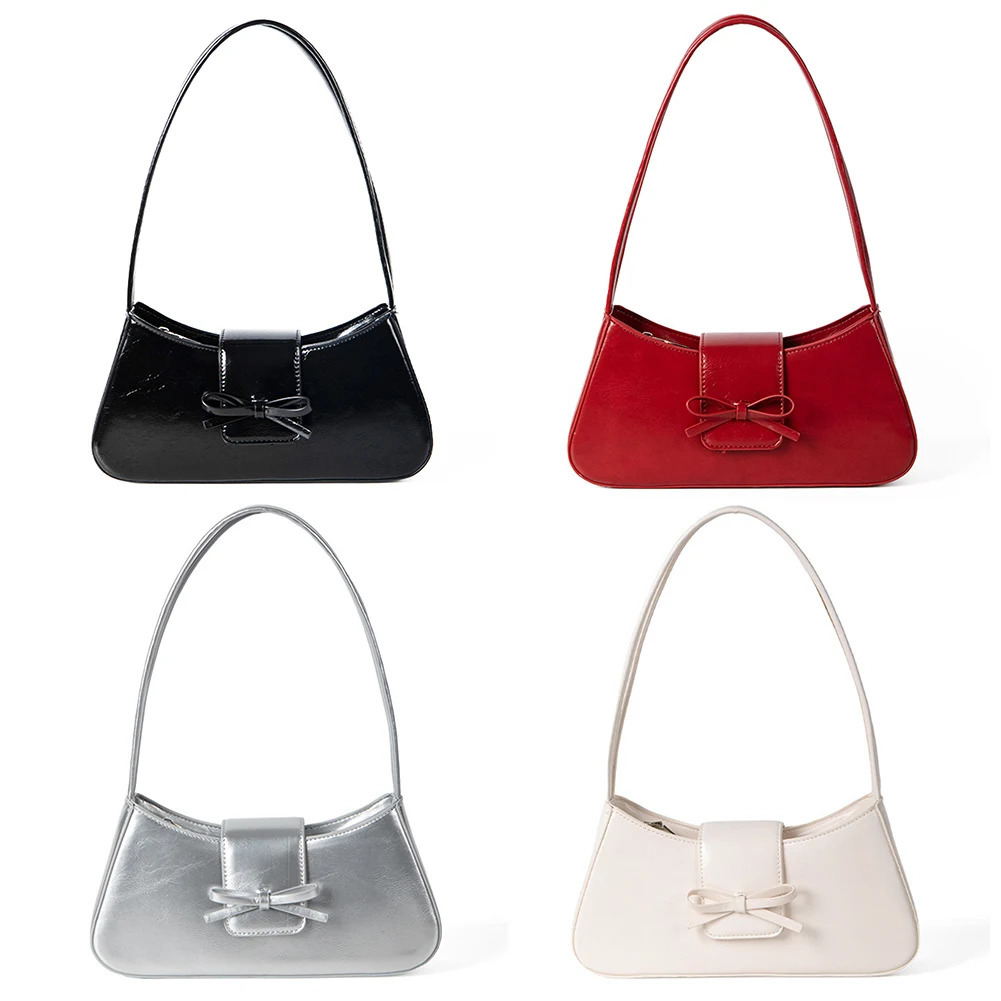 Sweet Bow Shoulder Bag PU Leather Fashion Handbag with Zipper Closure Everyday Purse Trendy Underarm Bag for Women 250228