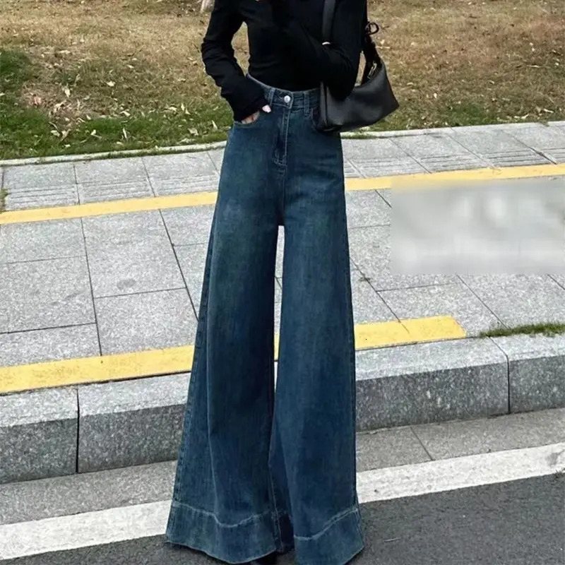 American Retro High-Waist Skiny Flare Pants Wide-Leg Long Jeans Womens Autumn Denim Long Trousers High Street Streetwear 250228
