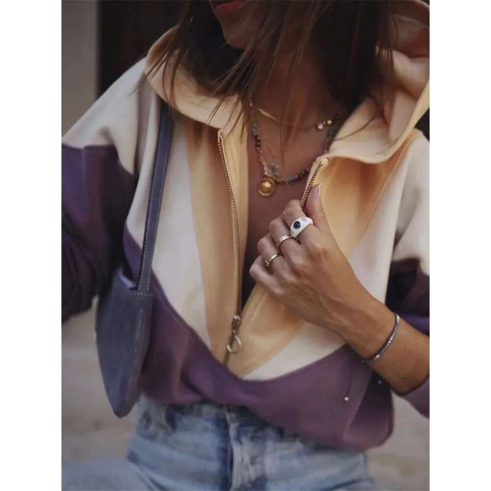 Women's Color Patchwork Hooded Sweatshirt Preppy Style Top Casual Long Sleeve Female Half Zipper Pullover Hoodies
