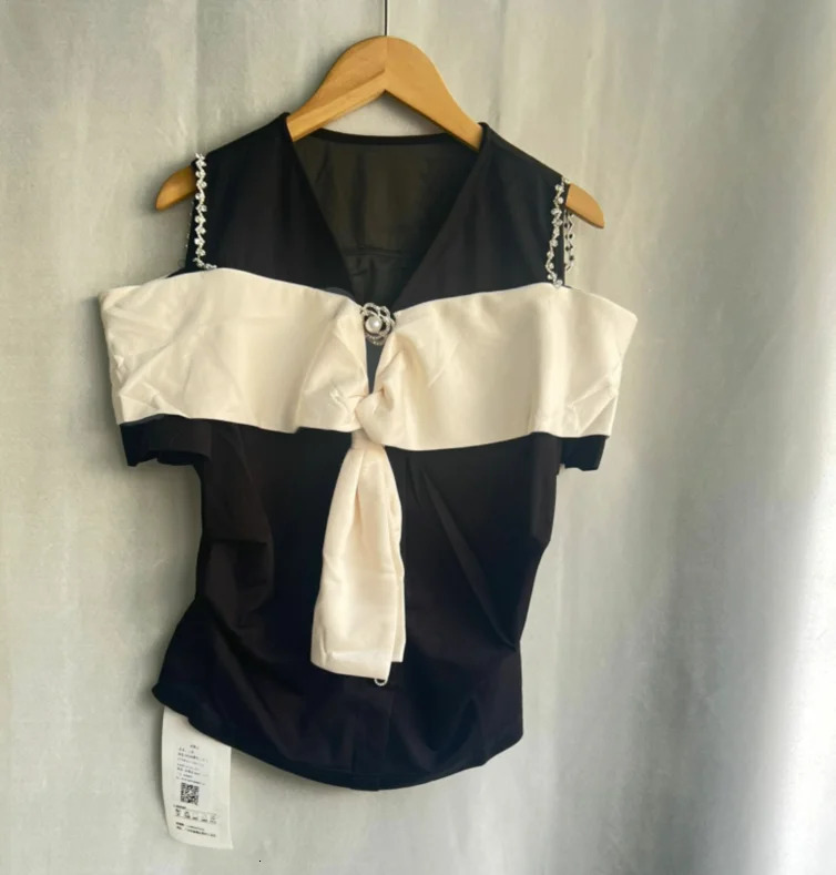 2025 Shirts for Women Contrast Color Bow Tshirt Fashion Diamond Y2K Tops T-shirts Ropa Mujer Korean Off Shoulder Summer Tees 250304
