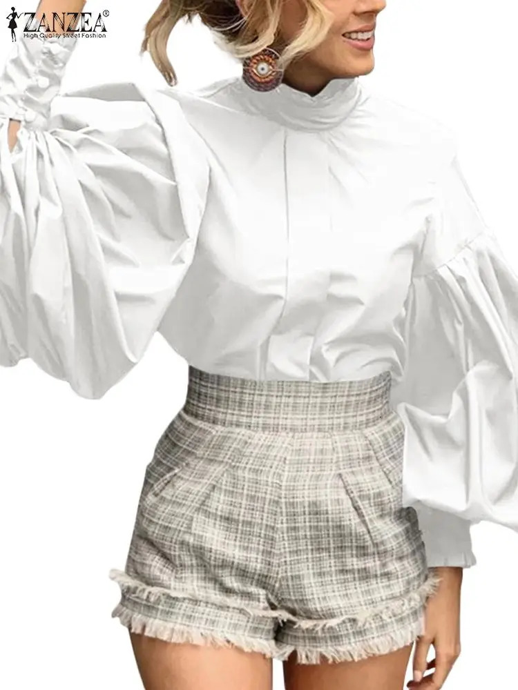 ZANZEA Casual Solid Color Shirts Women Long Lantern Sleeve Blouse Office Lady Pleating Tops Fashion Stand Collar Tunics 250228