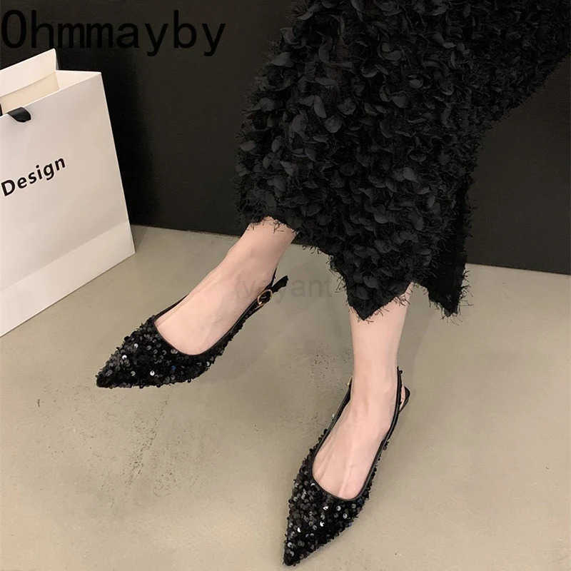 2025 New Summer Sequin Wen Sandals Fi Pointed Toe Slip Shoes Elegant Party Low Heel Shoes Z250304