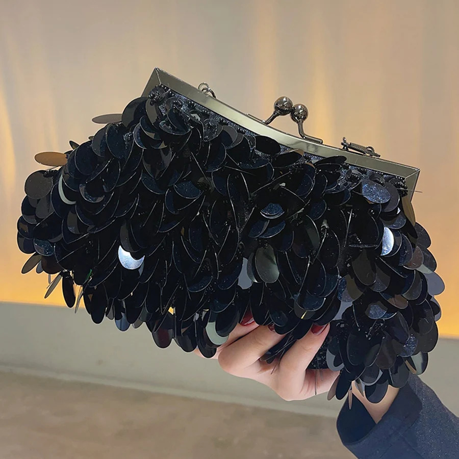 Fashion Sequins Beading Evening Bag Women Green Dinner Party Day Clutch Purse Handwoven Chains Shoulder Glitter Handbag 250303