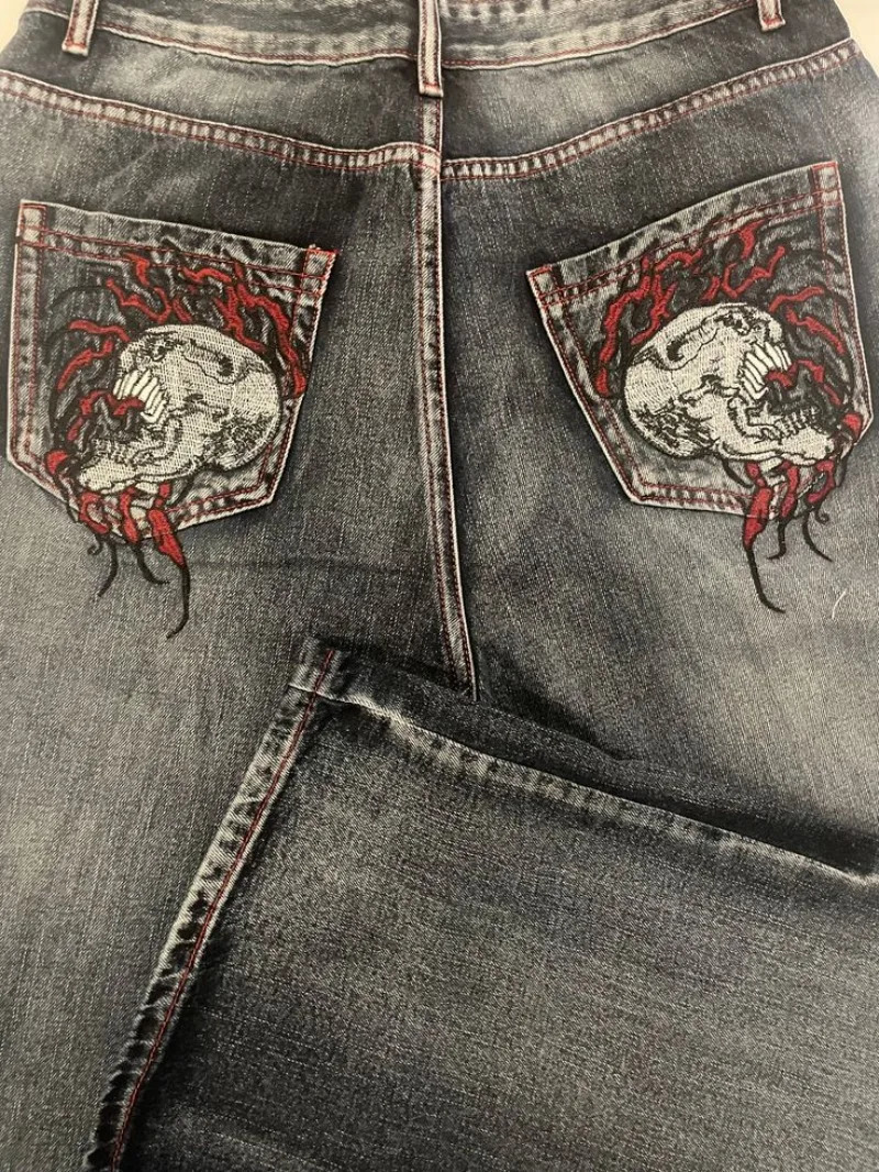 2025 Explosions Skull Embroidered Jeans Y2K Street Hiphop Men and Women with The Same Trend Couples Casual Loose Pants 250227