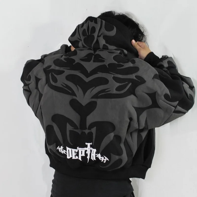 High Street Trendy Jacket Gothic Punk Harajuku Foam Pattern Zipper Hoodie Men Hip Hop Retro Casual Oversized Sweatshirt 250303