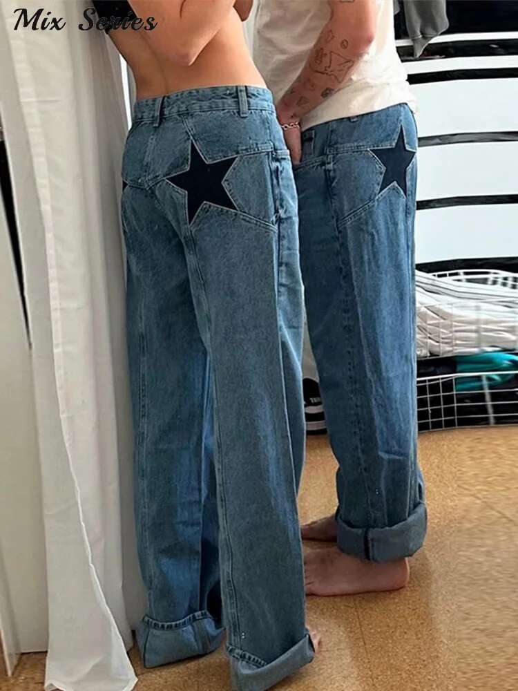 Star Print Straight Leg Jeans Women Casual Pocket Zipper Low Waist Long Denim Pants 2025 Spring New Lady Loose Bottom Streetwear