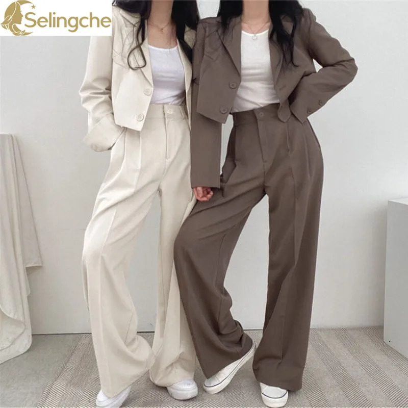 Summer Short Top Jacket Wide Leg Pants Two Piece Elegant Womens Office Casual Set 250225