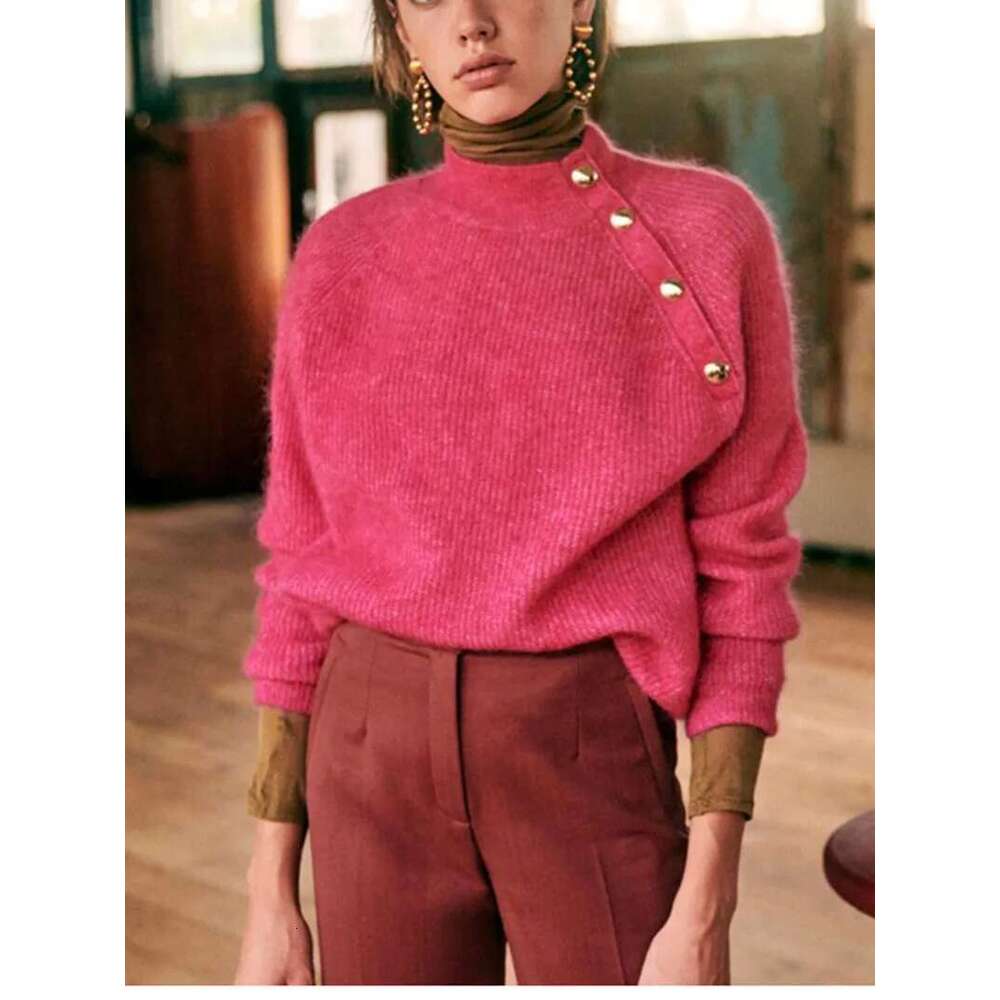 Autumn Winter Ladies Striped Sweater New Women's Half Turtleneck Loose Pullover Knit Tops All-Match With Oblique Buttons