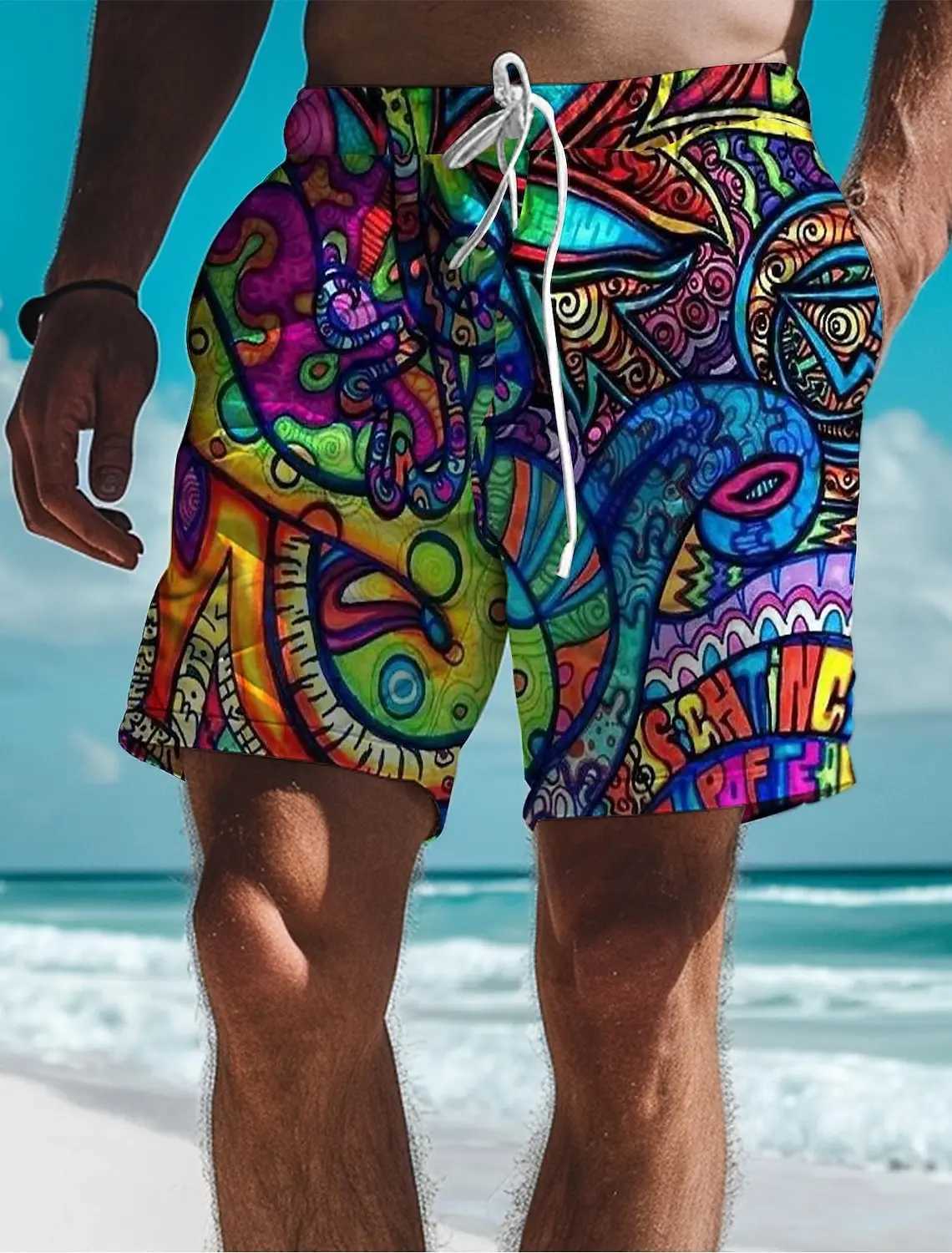 Graffiti Mens Resort 3D Printed Board Shorts Fashion Swim Trunks Elastic Waist Drawstring Hawaiian Style Holiday Beach ShortsT250304