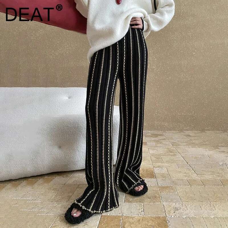 Fashion 12% Wool Embroidered Striped Texture Knitted Pants Women's Elastic Waist Full-Lenth Trousers New Tide 7Ab6323