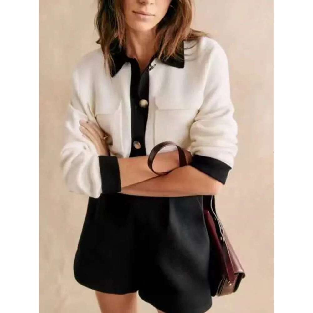 Women Contrast Color Wool Knit Cardigan Fashion Single Breasted Turn-Down Collar Female Double Pockets Sweater Coat Top