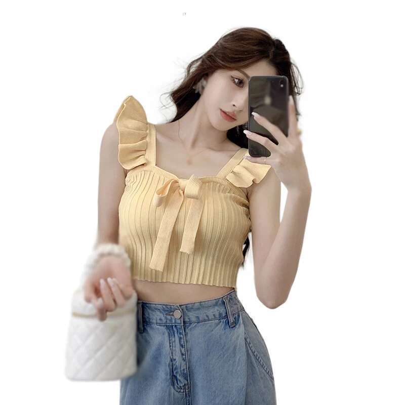 Version Square Korean Neck Bow Tie Slim Fitting With Fashionable Exposed Navel And Sweet Versatile Knitted Sleeveless Vest