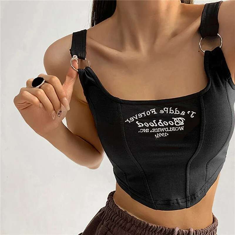 Spring Sexy New Print Letter Short Tank Tops Women'S Irregular Crop Top Y2k Summer Buckle Vest Embroidery With Bra Pad