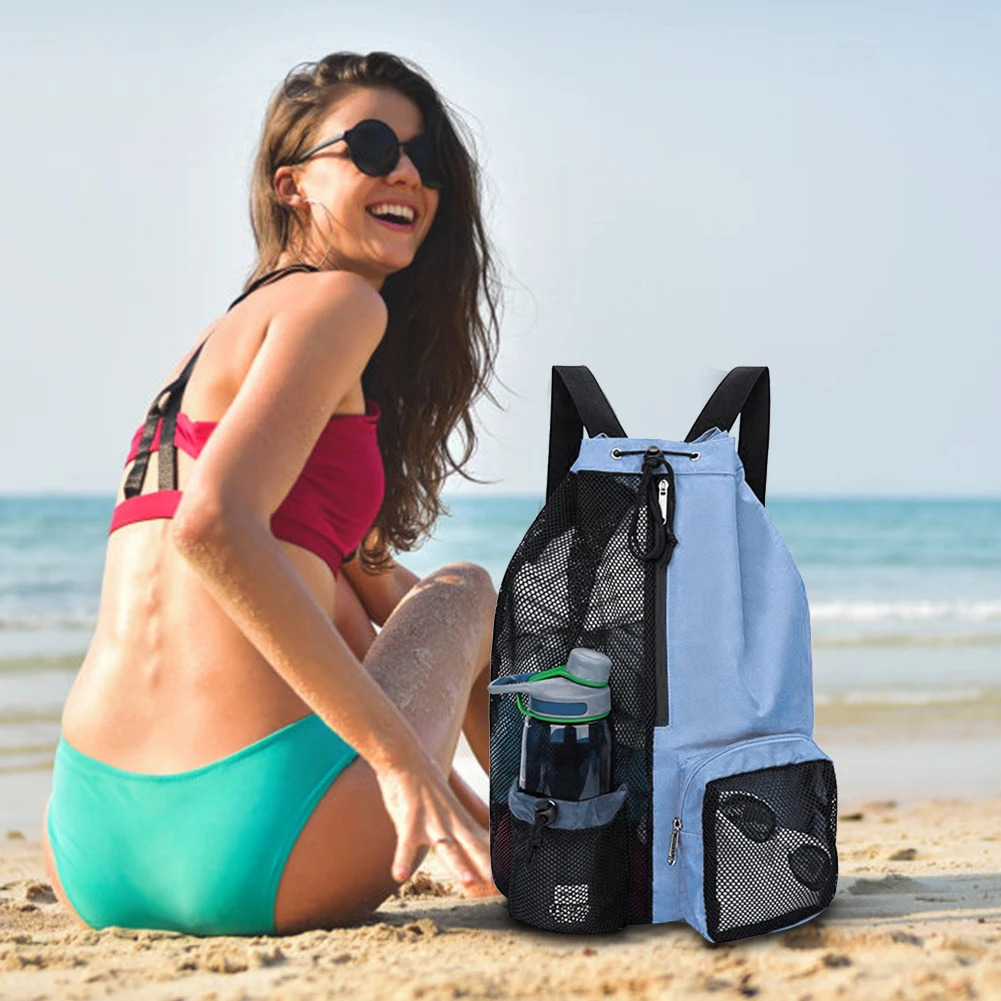 Ship from US Mesh Drawstring Backpack Swimming Sports Bag Waterproof Gym Adjustable Strap for School Beach Holidays 250304FBB