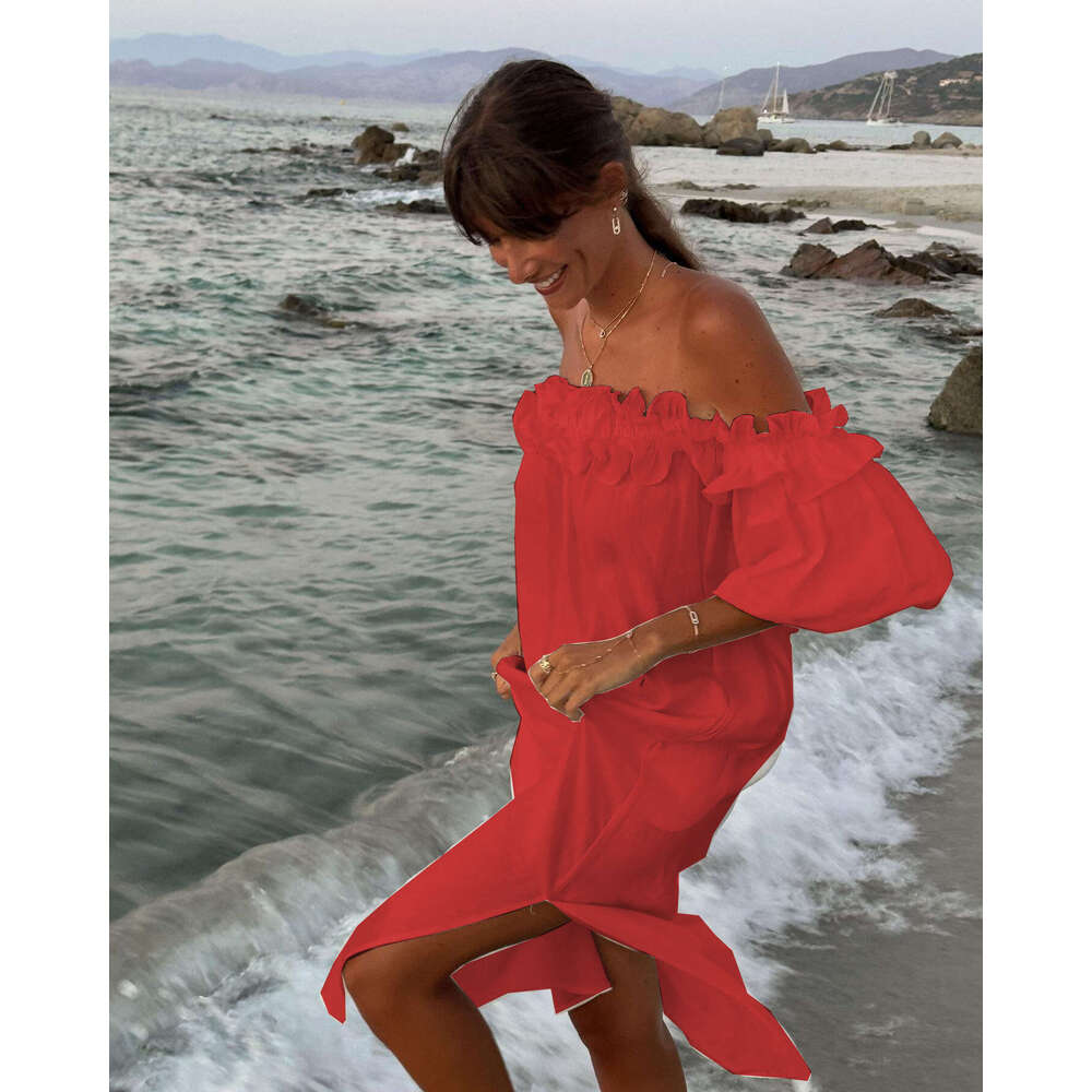 New European American solid color cotton en sexy one neck split vacation dress for women in 2025, with a unique and elegant temperament