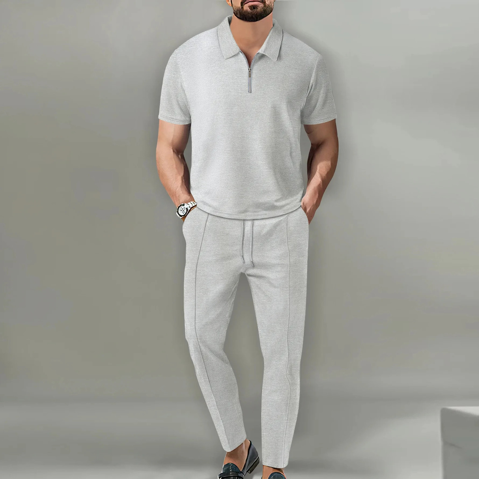 spring European and American foreign trade mens solid color suit Waffle collar short-sleeved zipper pants suit 250303
