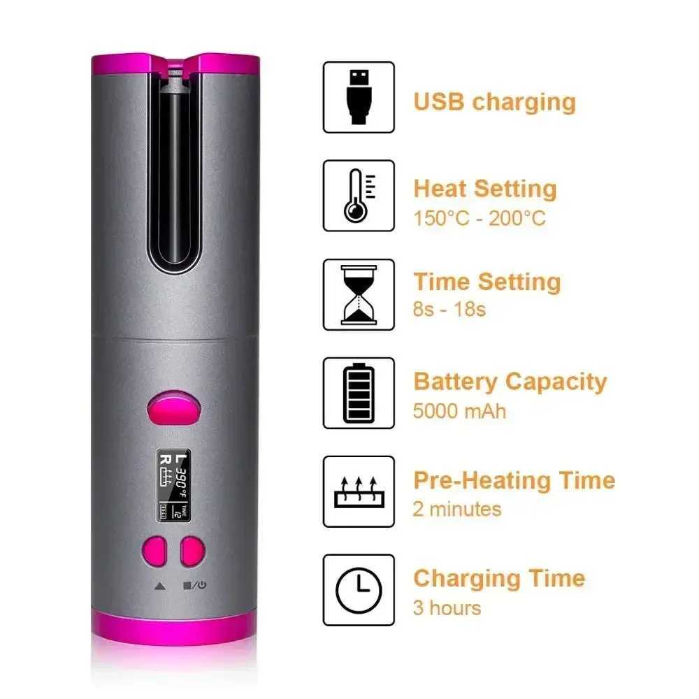 Curling Irons Cordless Automatic Hair Curler Portable Wireless USB Rechargeable Auto Rotating Ceramic Wand Curling Iron Hair Styling Tools z250304