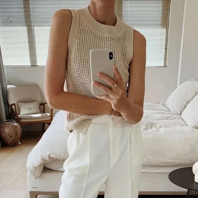 Knitted Tank Summer Top Hollow Out Sleeveless Camis Vest Women Thin Basic Ice Silk Camisoles Tanks Female 14810