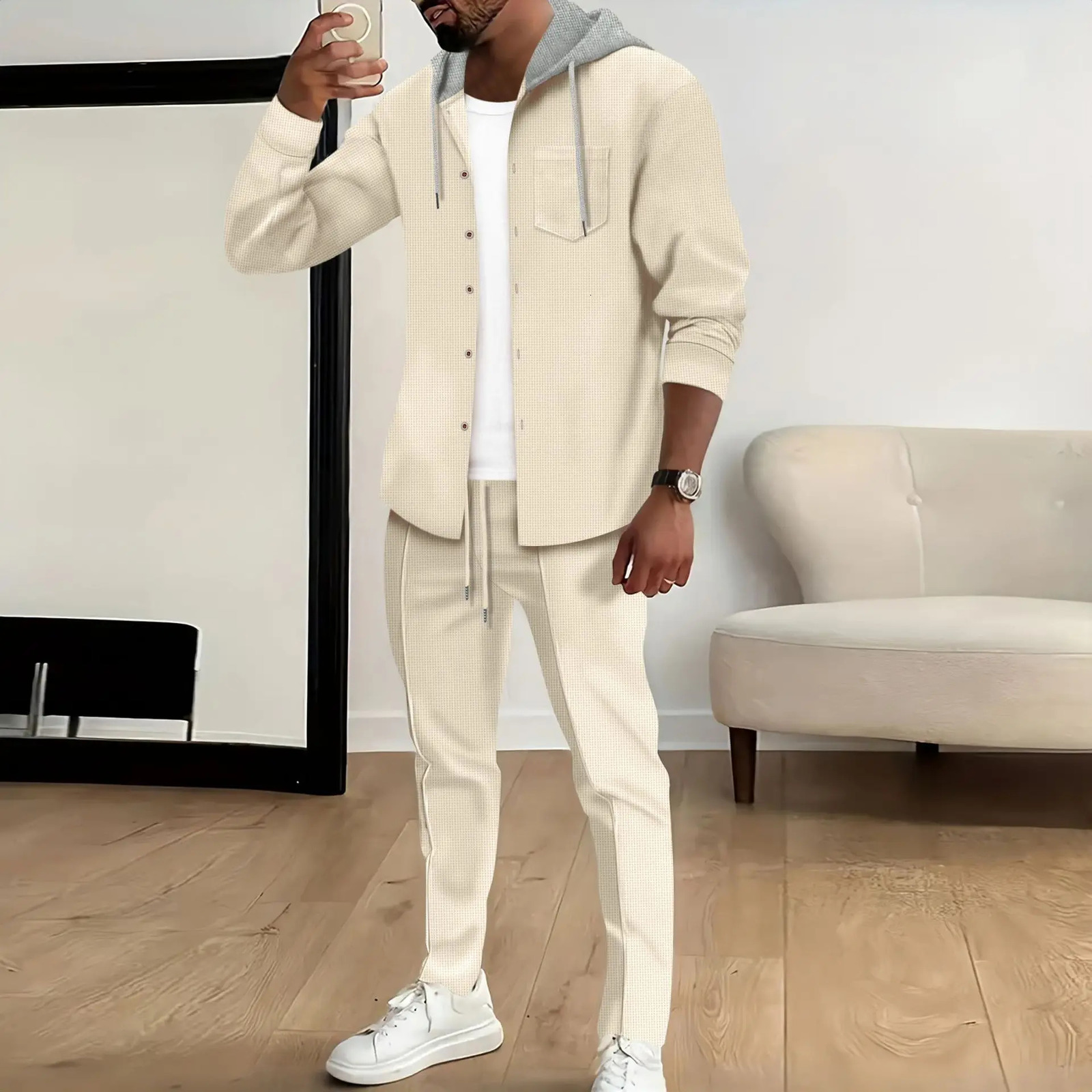 Spring and autumn Waffle mens casual slimfit hooded longsleeved cardigan matching color fashion high quality tracksuit pa 250227