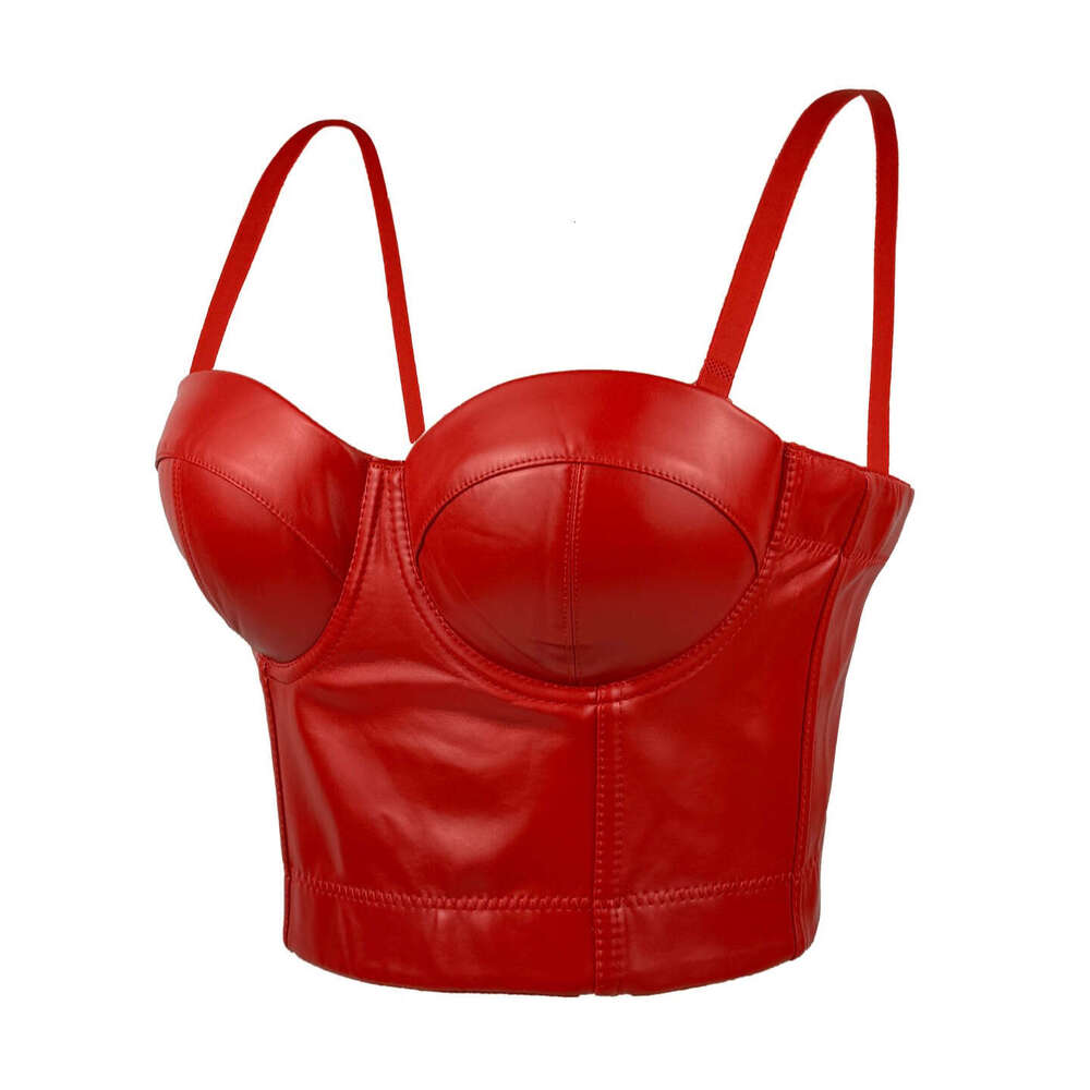 Spicy Girl Leather Bra Imitation Sheepskin Suspended Tank with No Bra, Sexy Beauty Gathering Fishbone Top