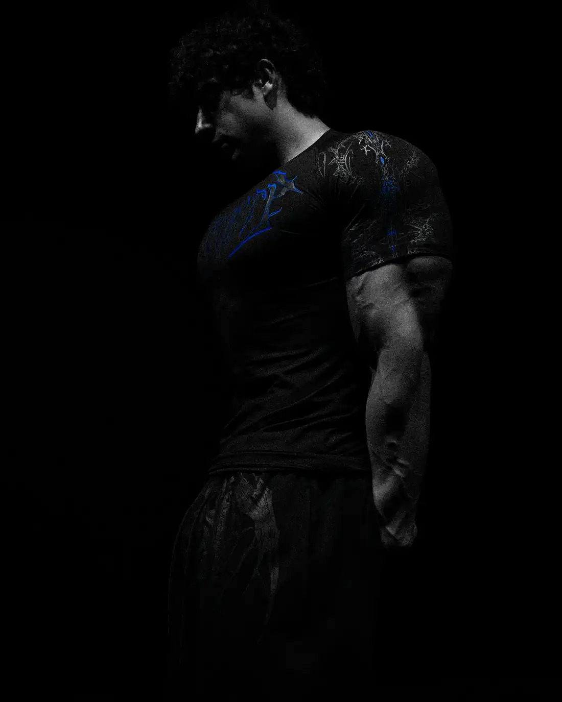 Breathedivinity Compression Shirt Short Sleeve Tops Muscle GYM Fitness Mock Neck in Black Wolves Club Y2K 250303
