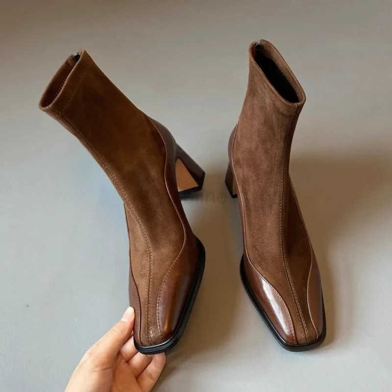 Wens New Winter Thick Heel Cotton Boots Square Splicing Suede Back Zipper Anti-slip Wear-resistant Short Boots Z250304