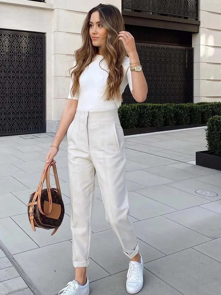 TRAF Pencil Women Pants High Waist Pants for Women With Seam Detail Streetwear Woman Ankle Trousers Autumn Office Wear Pant 250303