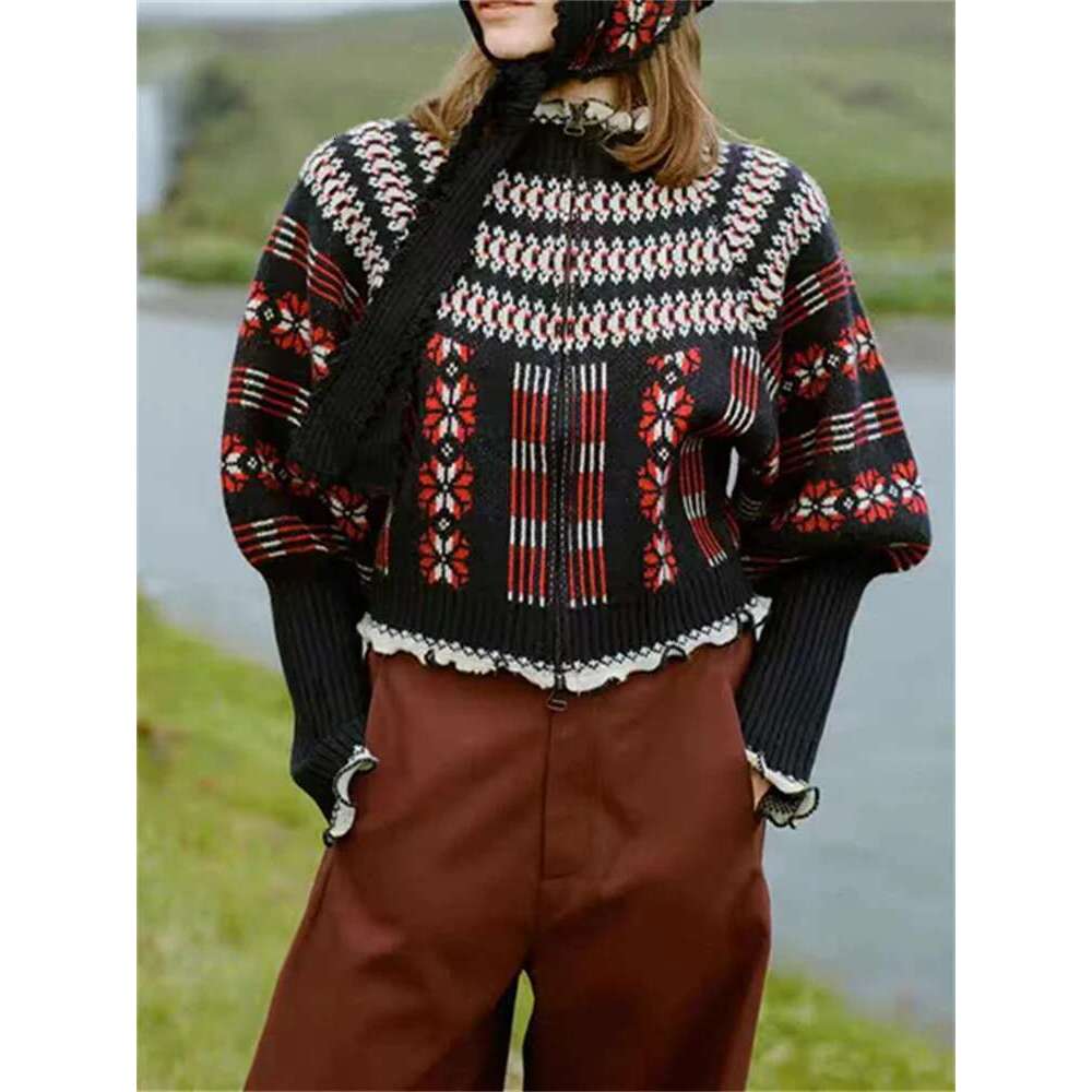 Women's Ruffles Collar Double Zipper Sweater Coat 2025 Autumn/Winter Lantern Sleeve Retro Contrast Color Knitwear Cardigan Top