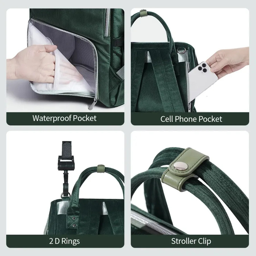 Ship from US Velvet Stitching Diaper Bag Backpack Large Capacity Tote Shoulder Nappy Organizer Waterproof Fabric Insulated Pockets for B 250304FBB
