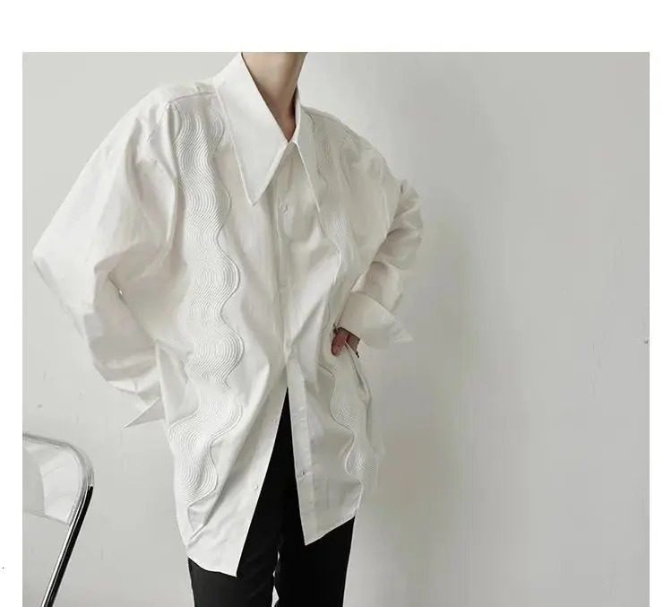 Spring and Autumn White Shirt for Men French Wave Embroidered Long Sleeve Blouse Men Loose Casual Polo Collar Top Men Clothes 250304