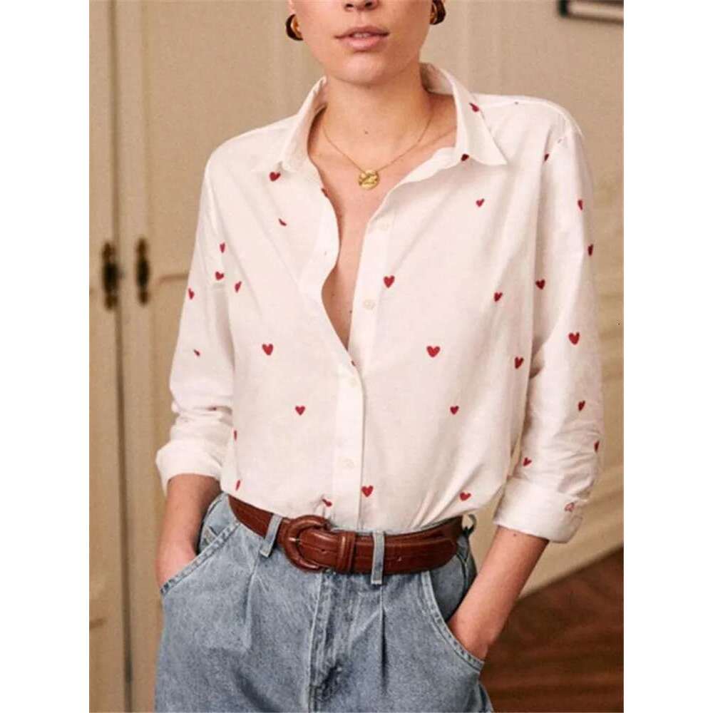 2025 Spring Women Red Heart Embroidery White Shirt Single-Breasted Ladies All-Match Office Blouse Top Female Chemise