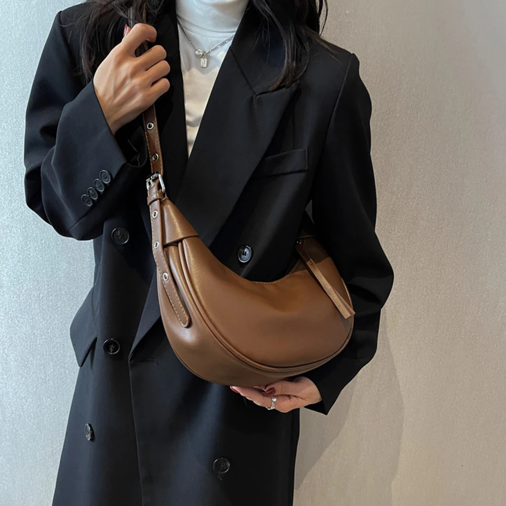 Womens Fashion Shoulder Bag Adjustable Strap PU Leather Cross body Solid Color Half Moon n 250303