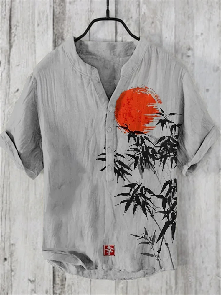 Mens summer printed short sleeved casual Tshirt Japanese style Henley shirt fashionable top linen 250227Z