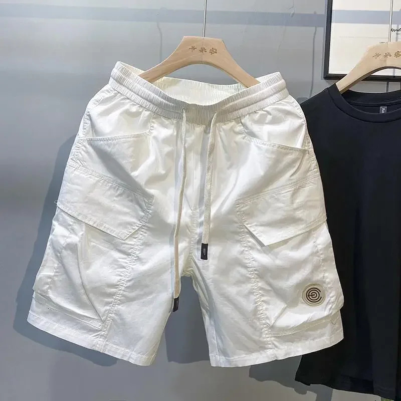 Mens Cargo Shorts with Pockets Khaki Male Short Pants Draw String Embroidery Strech Comfortable Homme in Casual Hevy Whate 250303