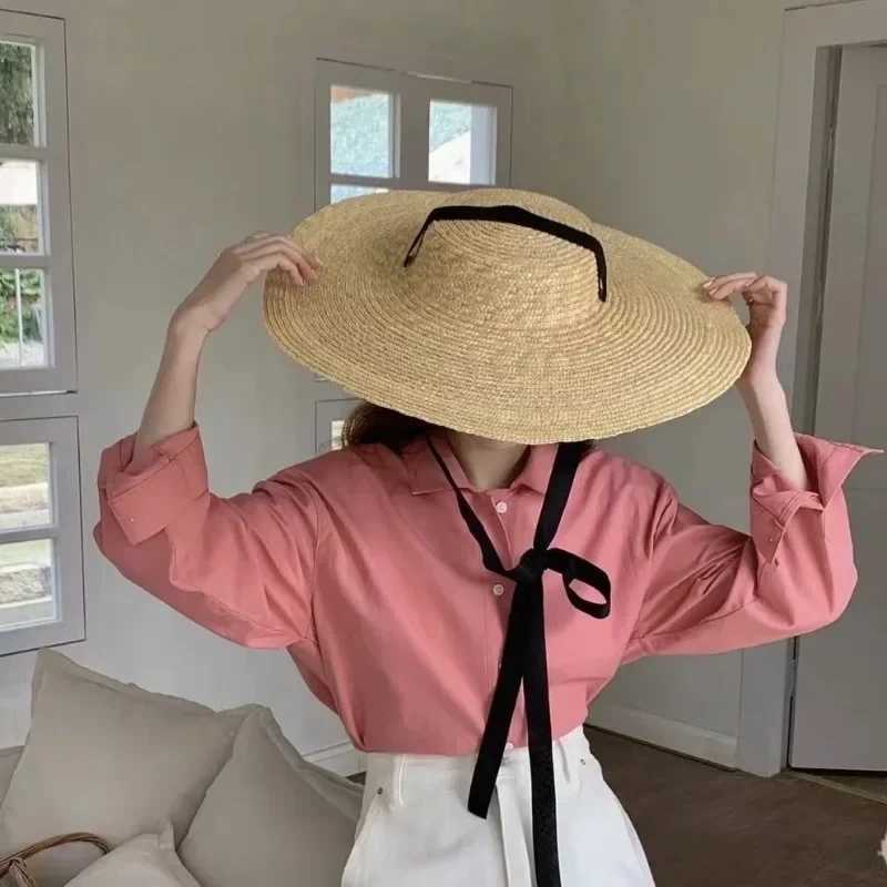 Summer New Big Natural Wheat Str Hats Womens Big Brim Flat Top Visor Sun Hats Fashion Handmade Ribbon Lace-Up Beach HatXJ250304