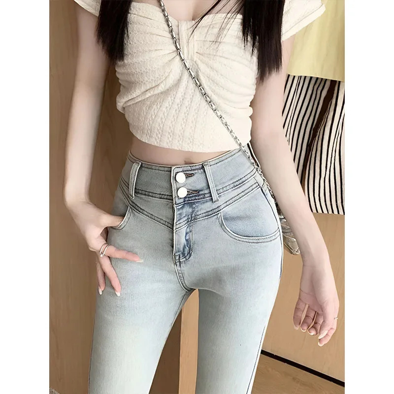 Spring Autumn Spicy Girl Bow Micro Flared Jeans petite high waist weight loss elastic horse leg straight Trouser 250227