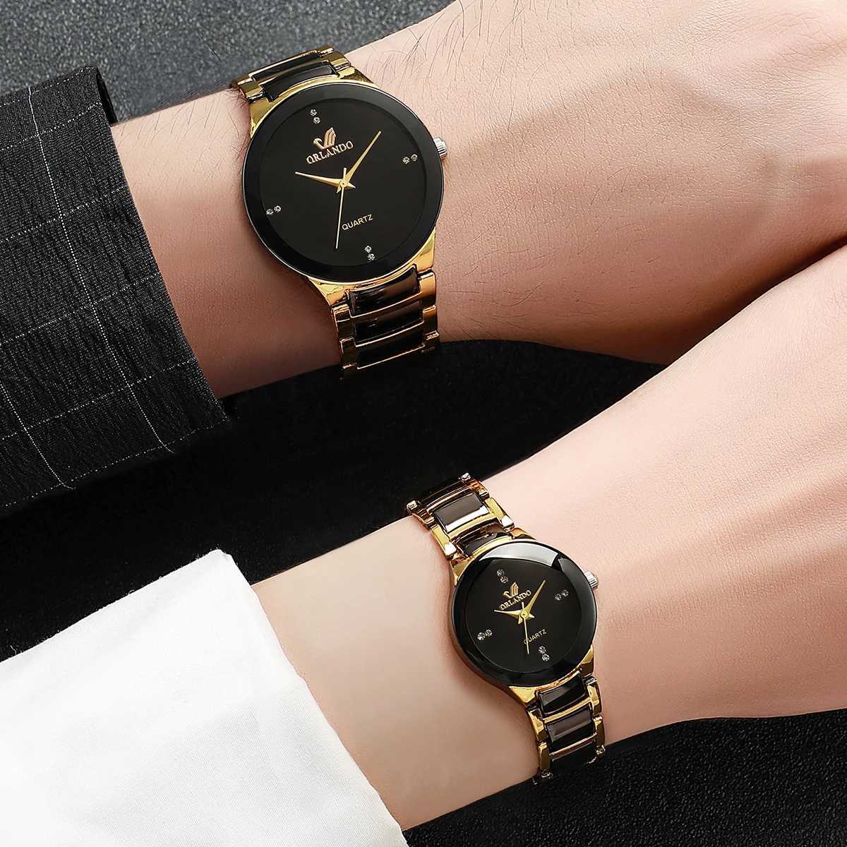 2PCS Couples Fashion Stainl Steel Band Womens Quartz Men Busin WristbandsXJ250304