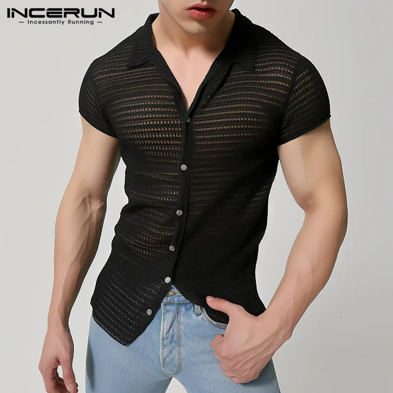 INCERUN Men Shirts Lapel Short Sleeve Mesh Transparent Hollow Out Men Clothing Streetwear Solid Color Fashion Camisas S-5XL 250304