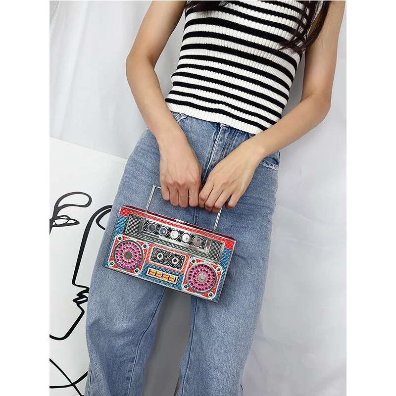 Dia Radio Shape Party Evening Clutch For Wedding Metal Handle Designer Purse And Handbags Chic Chain Shoulder Bag
