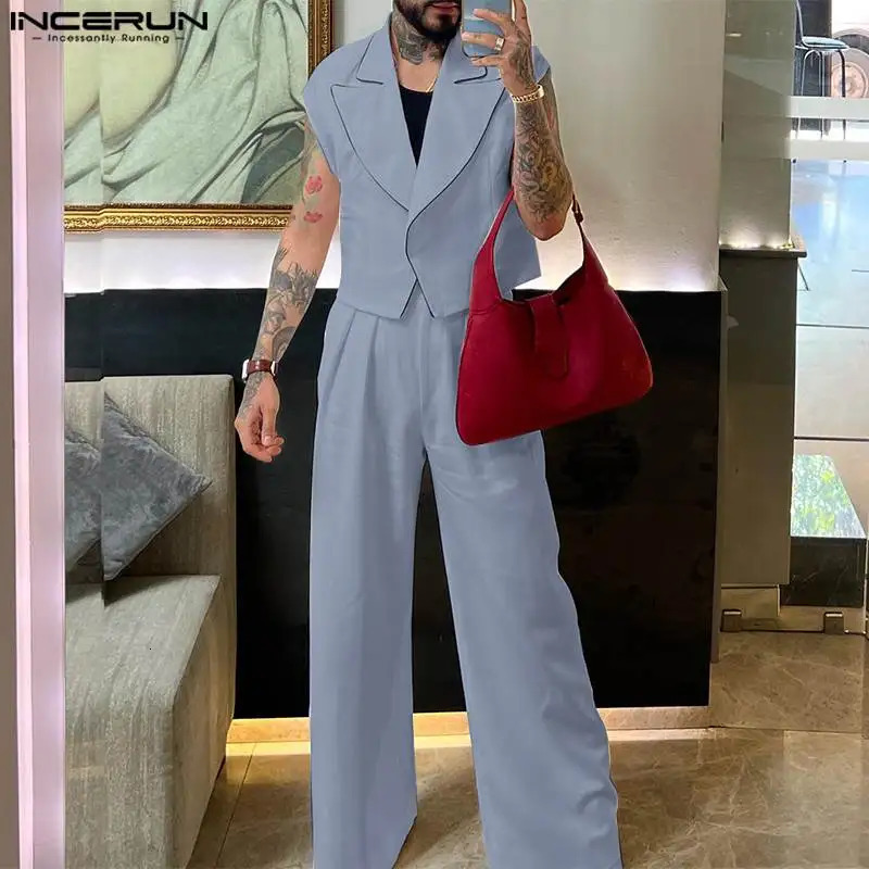 INCERUN Men Sets Solid Color Streetwear Lapel Sleeveless Vests Straight Pants 2PCS Summer Fashion Men Casual Suits S-5XL 250303