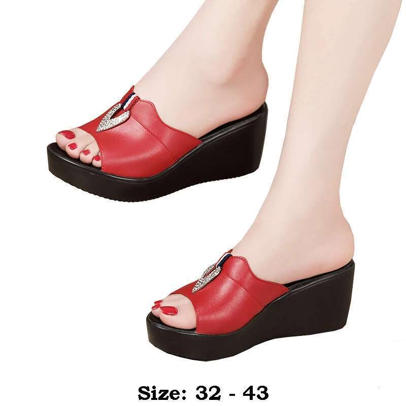 quality summer High wedge leather sandals for women 6cm mid heel new 2025 size 32 33 43 platform open toe elegant shoe black red