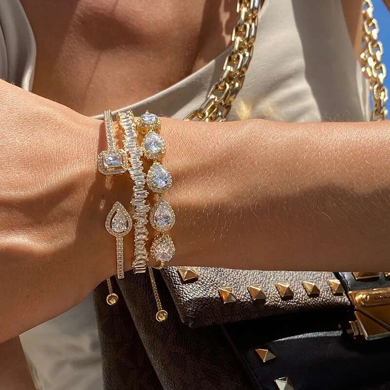 Trendy Cubic Zirconia Adjustable Open Bracelet Cuff Bangles For Women 2023 Gold Color Wedding Jewelry Anniversary Gifts