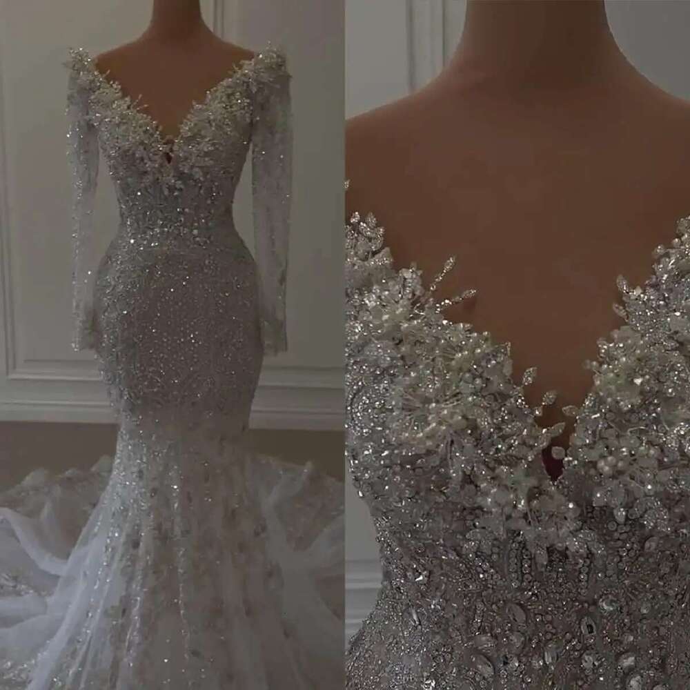 O Mermaid Wedding Dresses with Beads and Appliques, Lace V-Neck, Sleeves, Zippered Bridal Dress, Custom Made