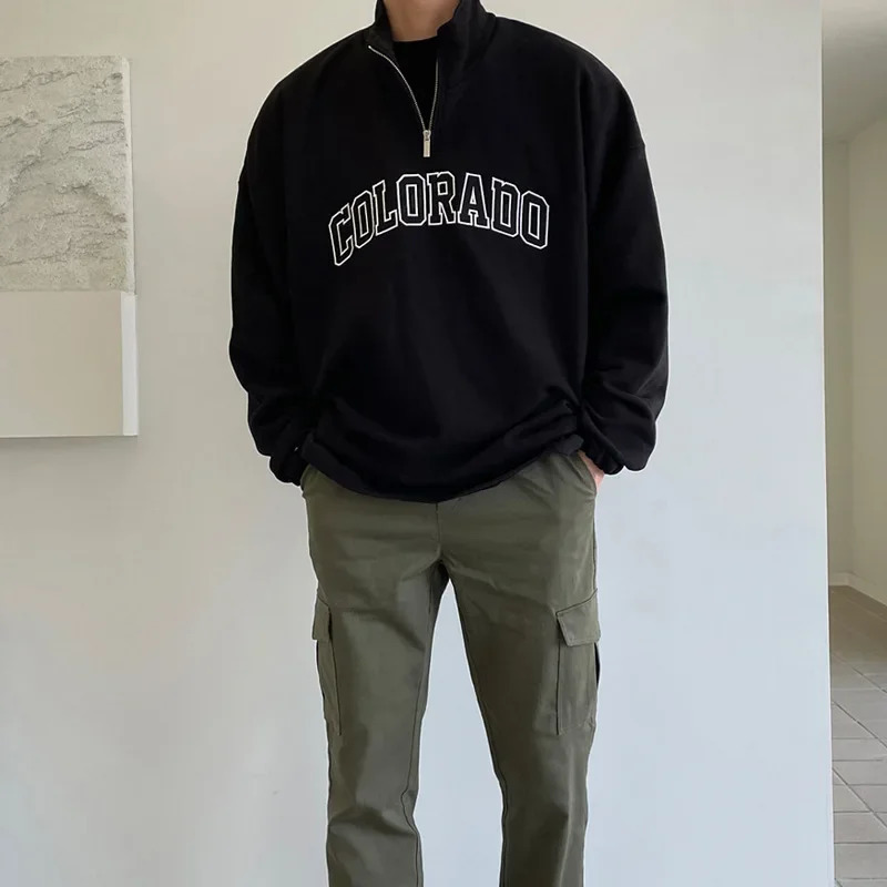 2023 Spring and Autumn Half Zip Standing Neck Sweater Mens Loose Korean Fashion Letter Printing Pullover Coat 250304