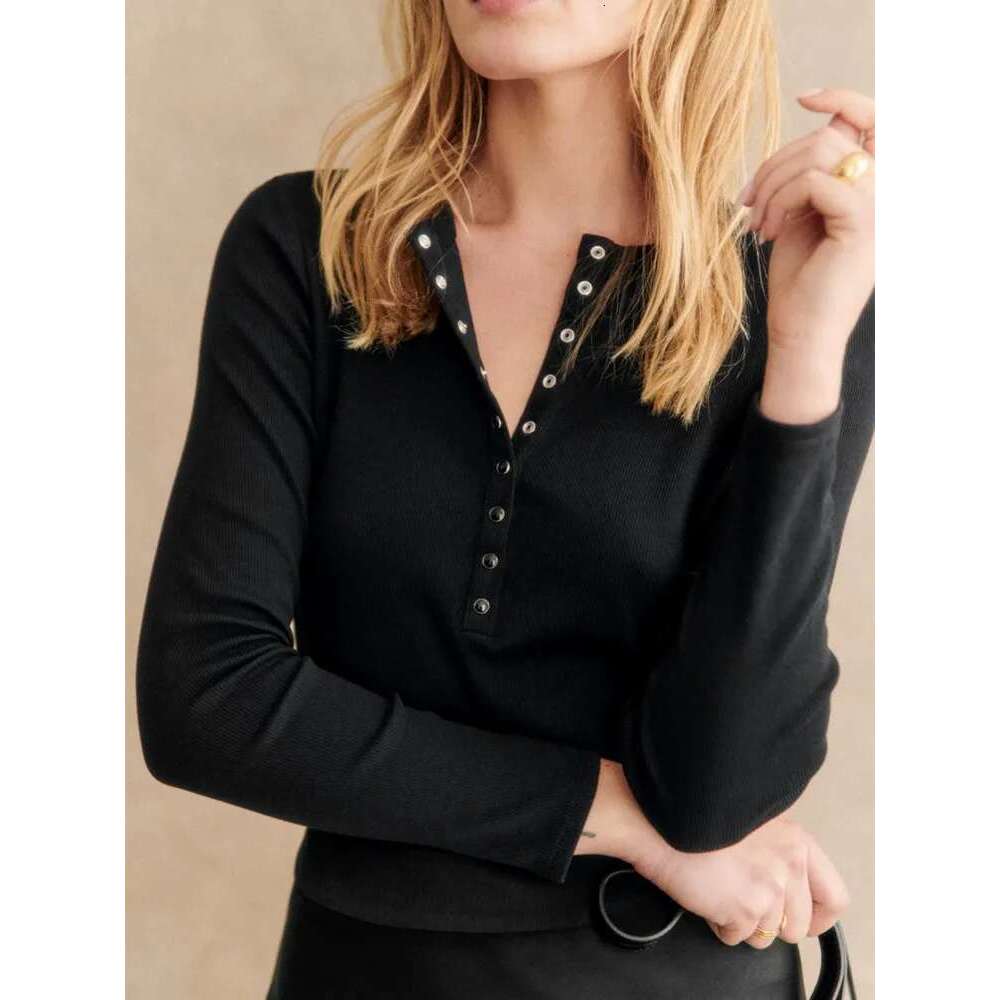 Women Stripes Or Black Slim Stretch T-Shirt 2025 Spring Fall Female Round Neck Tee Half Open Buttons Long Sleeve Tshirts